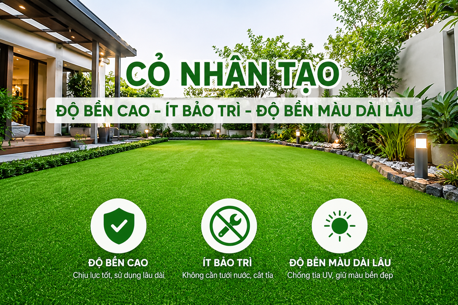 Cỏ Nhân Tạo Mang Lại Độ Bền Cao, Ít Bảo Trì, Độ Bền Màu Dài Lâu